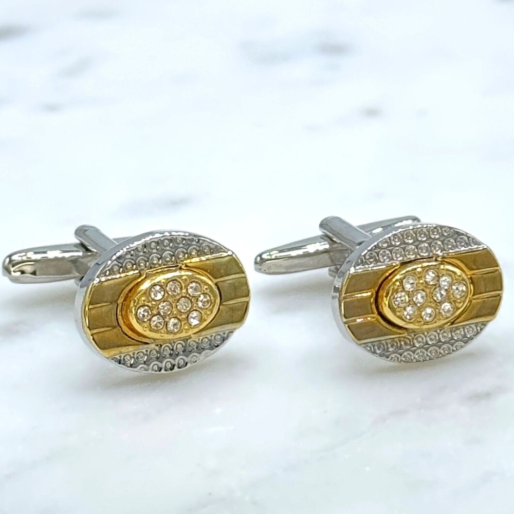 Mens Silver Tone &  Gold Tone Clear Rhinestones Oval Bullet Back Cufflinks